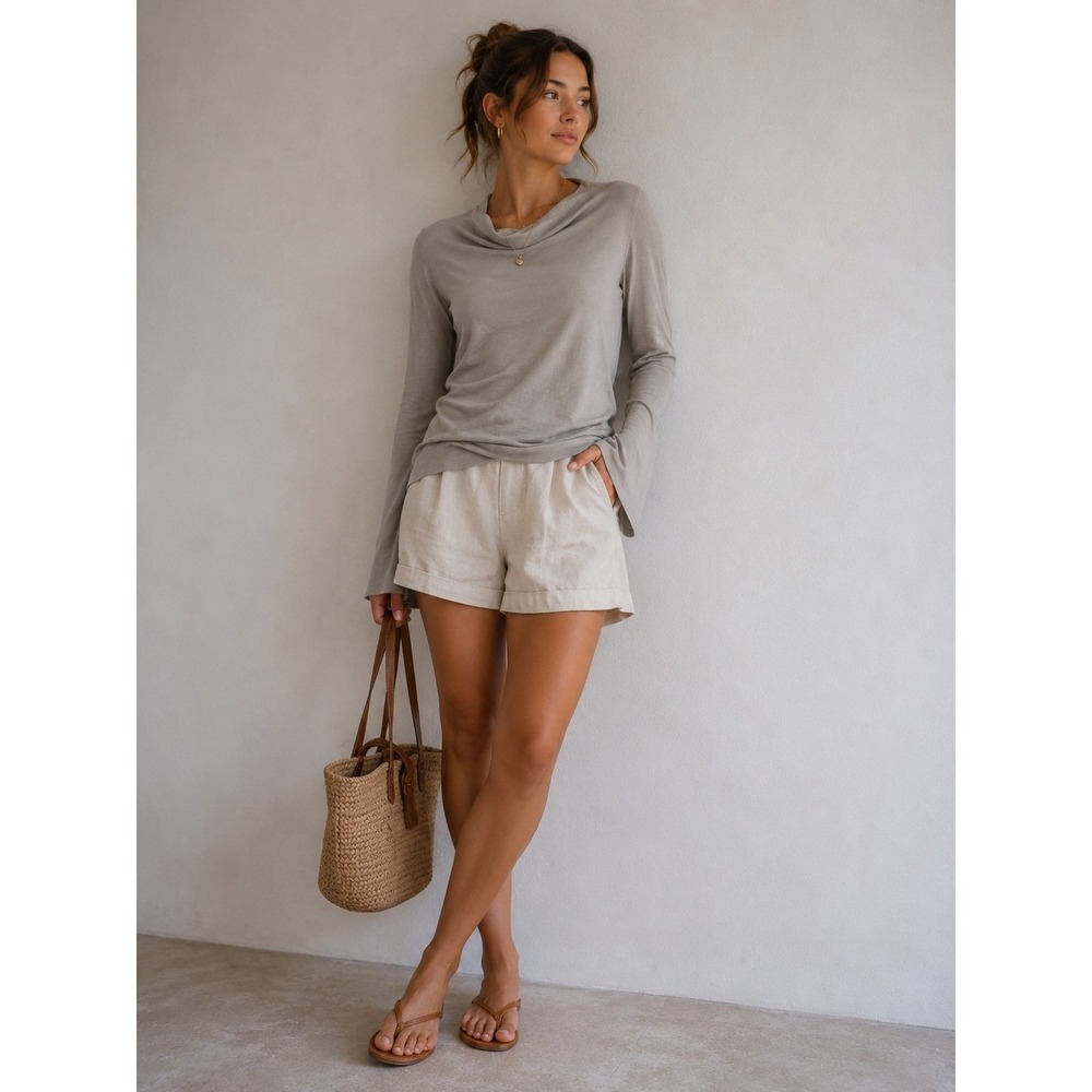 Veronique Miljkovitch Top Womens Large Beige Neutral Cowl Neck Minimalist Luxury